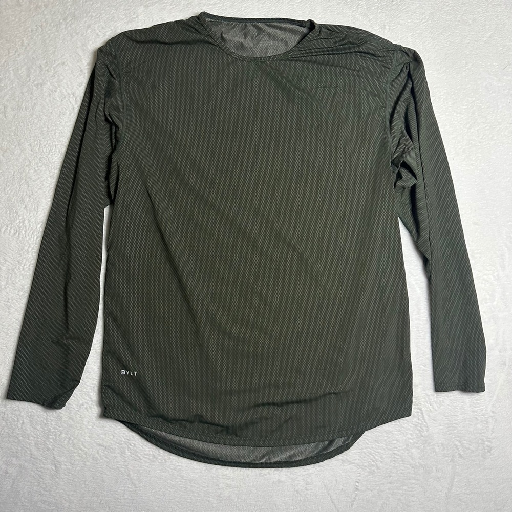 BYLT Basics Mens Long Sleeve Performance Shirt Olive Green Mesh Drop Tail L/XL